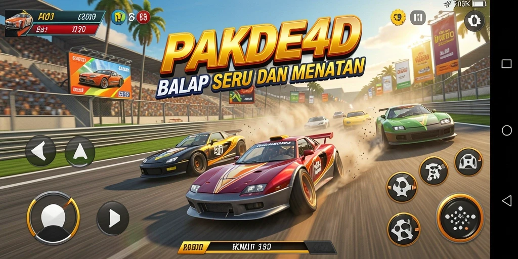 Tangkapan layar utama PAKDE4D menampilkan aksi balap yang seru.