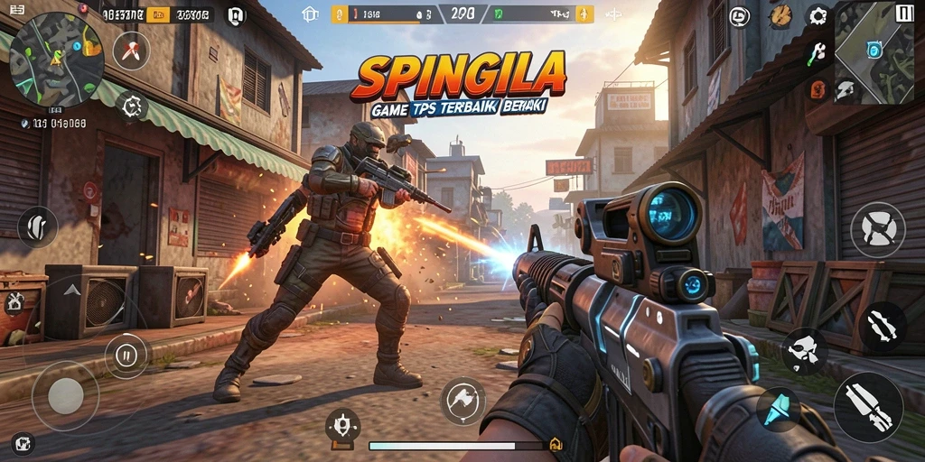 Screenshot menampilkan aksi seru dalam SPINGILA dengan gameplay TPS yang intens.